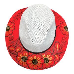 HAT MEXICAN Artisanal Hand Painted Fedora Floral Sombrero Panama Bohemian Red